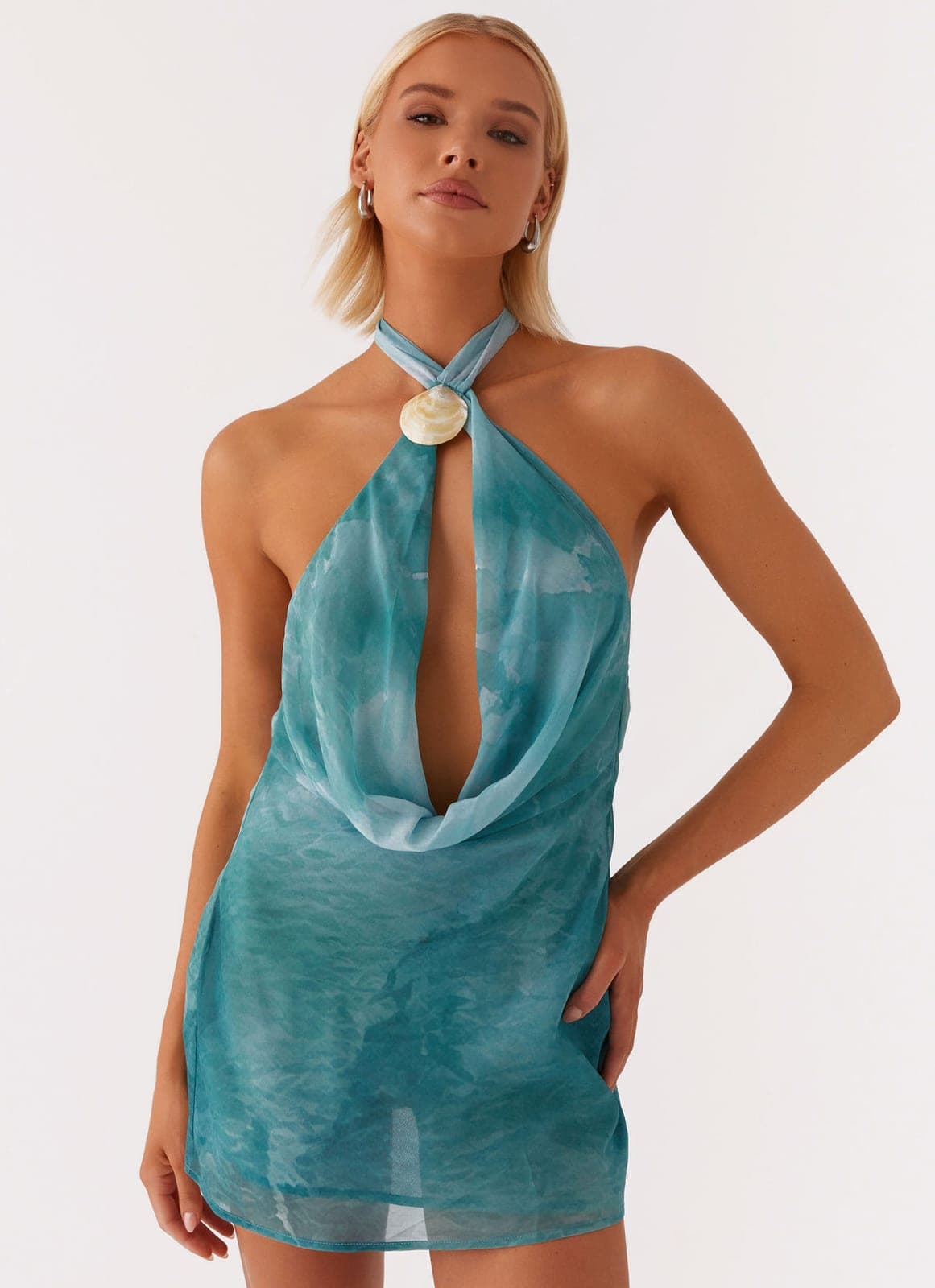 Oceans Away Deep Cowl Mini Dress - Green Tie Dye 1