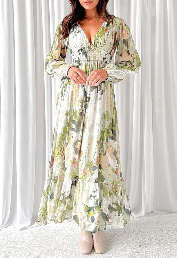 Sissyaki Women's Long Sleeve Boho Floral Maxi Dress Smocked Beach Flowy Dress 1