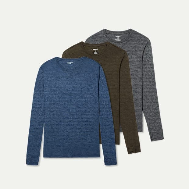 Men's Merino Wool Blend Crew Neck Long Sleeve T-Shirt 3-Pack