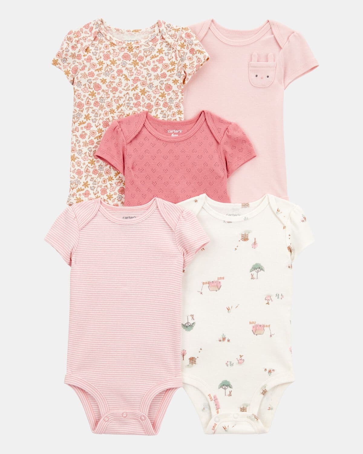 Baby Girl 5-Pack Floral Bunny Short Sleeve Cotton Bodysuits